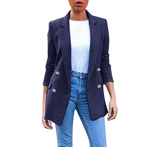 FACAIAFALO Blazer Damen Elegant Business Blazer Langarm Sportlich Long Blazer Slim Fit Lang Jacke mit Tasche und Knöpfe (Marine, L) von FACAIAFALO