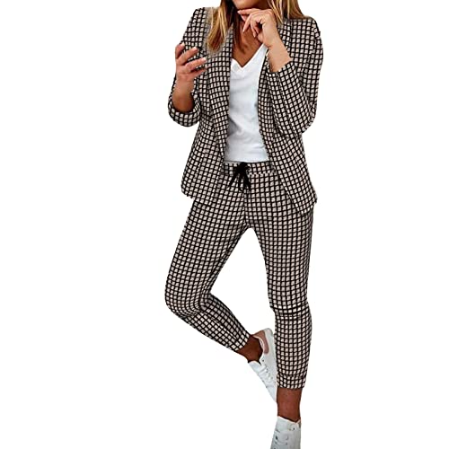 FACAIAFALO Damen Elegant Business Anzug Set Hosenanzug Blazer Hose 2-teilig Anzug Karo Kariert Zweiteiler Slimfit Streetwear (01 Khaki, L) von FACAIAFALO