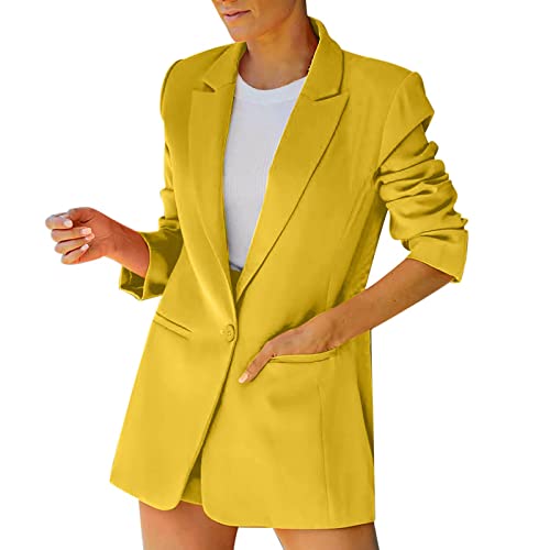 FACAIAFALO Damen Elegant Langarm Blazer Sakko Einfarbig Revers Geschäft Büro Jacke Business Bolero Jacke Anzug Trenchcoat mit Tasche (01 Gelb, S) von FACAIAFALO