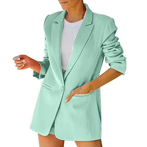 FACAIAFALO Damen Elegant Langarm Blazer Sakko Einfarbig Revers Geschäft Büro Jacke Business Bolero Jacke Anzug Trenchcoat mit Tasche (01 Minzgrün, XL) von FACAIAFALO