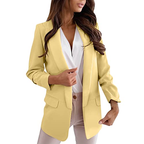 FACAIAFALO Damen Elegant Langarm Blazer Sakko Einfarbig Revers Geschäft Büro Jacke Business Bolero Jacke Anzug Trenchcoat mit Tasche (02 Gelb, L) von FACAIAFALO