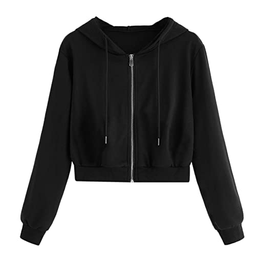 FACAIAFALO Damen Sweatjacke Bauchfrei Kapuzenpullover Kurz Hoodie Sweatshirt Crop Pullover Kapuzenjacke Cropped Jacke mit Kordel und Zip, 01#schwarz, S von FACAIAFALO