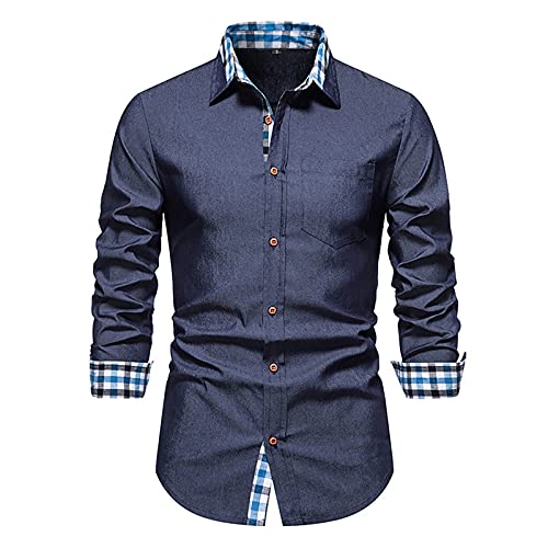 FACAIAFALO Herren Hemd Plaid Button Stehkragen Slim Fit Langarmshirt Bügelfreies Business Anzug Party Hochzeit T Shirt Herren Herbst Tartan Pullover Verschluss Sweatshirts Top, Z6-Dark Blue, L von FACAIAFALO