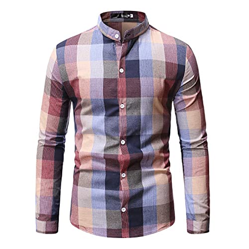 FACAIAFALO Herren Hemd Plaid Button Stehkragen Slim Fit Langarmshirt Langarmhemd Bügelfreies Business Formale Anzug Party Hochzeit T Shirt Herbst Tartan Pullover Verschluss Sweatshirts Top, Rosa, M von FACAIAFALO