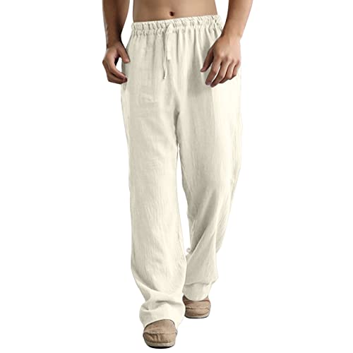 FACAIAFALO Hosen Herren Leinen Baumwolle Lange Sport Straight Regular Fit Strandhose aus Baumwollmischung Leicht Sommerhose Jogginghose Loose Freizeithose mit Kordelzug Seitentaschen, M, Zcc-white von FACAIAFALO