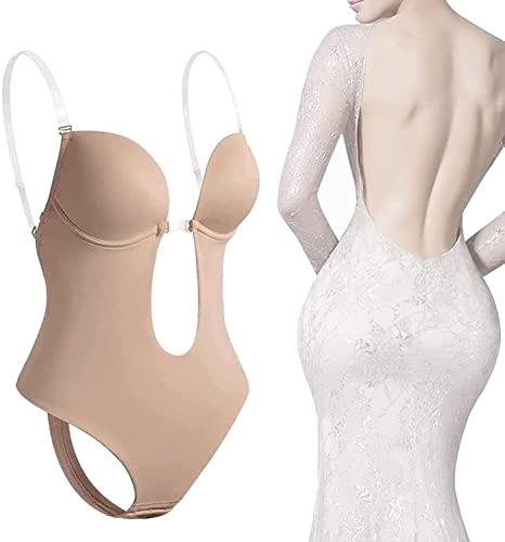 FACAIAFALO Invishaper - Plunge Damen BH RüCkenfreie Body Tiefen RüCkenausschnitt, Shapewear Formende Bodys Bodysuit mit Haken Shaping Unterwäsche Rückenfreier BH Tiefer V Ausschnitt (01#Beige, L) von FACAIAFALO