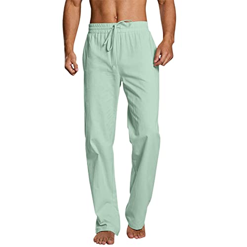 FACAIAFALO Modaworld Hosen Herren Leinen Baumwolle Lange Sport Straight Regular Fit Strandhose aus Baumwollmischung Leicht Jogginghose Loose Freizeithose mit Kordelzug Seitentaschen, X Grün, M von FACAIAFALO