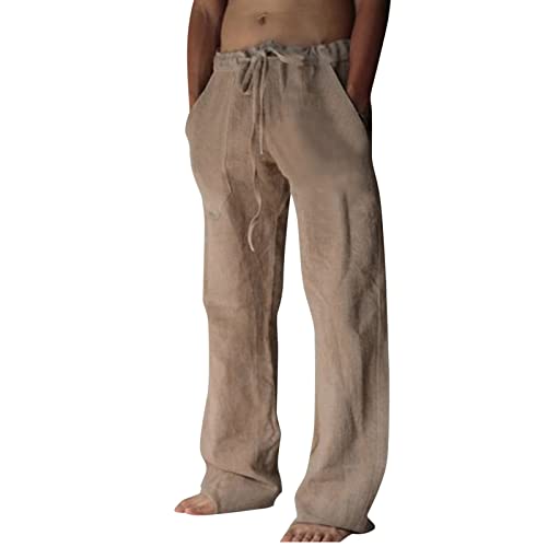 FACAIAFALO Modaworld Hosen Herren Leinen Baumwolle Lange Sport Straight Regular Fit Strandhose aus Baumwollmischung Leicht Jogginghose Loose Freizeithose mit Kordelzug Seitentaschen, XXL, Y A-khaki von FACAIAFALO