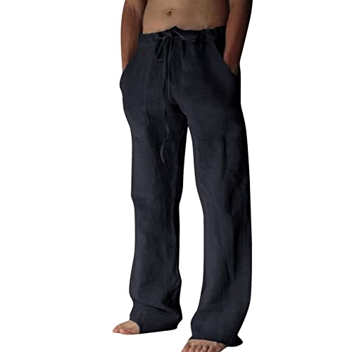 FACAIAFALO Modaworld Hosen Herren Leinen Baumwolle Lange Straight Regular Fit Strandhose aus Baumwollmischung Leicht Sommerhose Jogginghose Loose Fit mit Kordelzug Seitentaschen, Y A-dunkelgrau, 3XL von FACAIAFALO