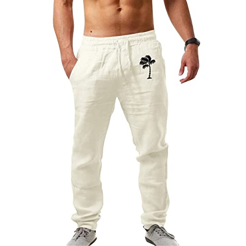 Hosen Herren Leinen Baumwolle Lange Sport Straight Regular Fit Outdoor Strandhose aus Baumwollmischung Leicht Sommerhose Jogginghose Loose Fit Freizeithose mit Kordelzug Seitentaschen von FACAIAFALO