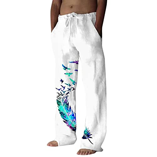 Modaworld Hosen Herren Leinen Baumwolle Lange Sport Straight Regular Fit Outdoor Strandhose aus Baumwollmischung Leicht Sommerhose Jogginghose Loose Fit Freizeithose mit Kordelzug Seitentaschen von FACAIAFALO