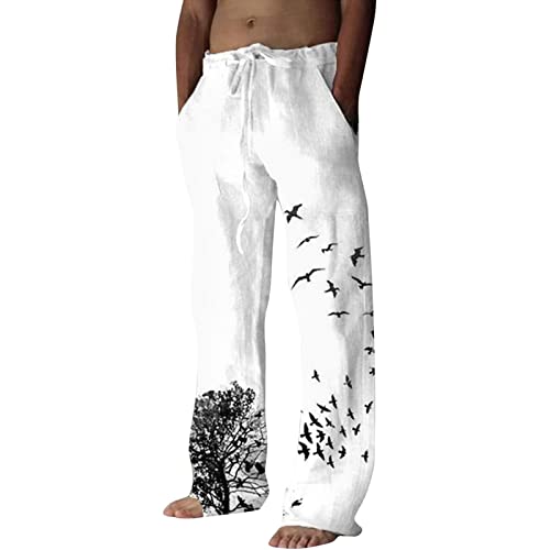 Modaworld Hosen Herren Leinen Baumwolle Lange Sport Straight Regular Fit Outdoor Strandhose aus Baumwollmischung Leicht Sommerhose Jogginghose Loose Fit Freizeithose mit Kordelzug Seitentaschen von FACAIAFALO