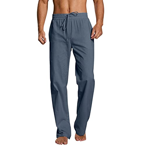 Modaworld Hosen Herren Leinen Baumwolle Lange Sport Straight Regular Fit Outdoor Strandhose aus Baumwollmischung Leicht Sommerhose Jogginghose Loose Fit Freizeithose mit Kordelzug Seitentaschen von FACAIAFALO