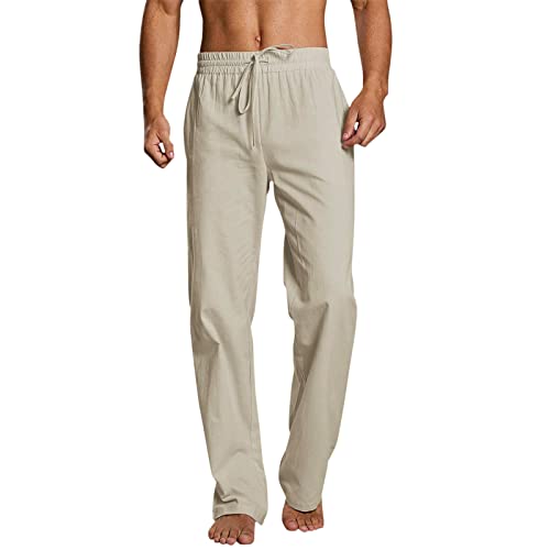 FACAIAFALO Modaworld Hosen Herren Leinen Baumwolle Lange Sport Straight Regular Fit Strandhose aus Baumwollmischung Leicht Jogginghose Loose Freizeithose mit Kordelzug Seitentaschen, X Beige, XL von FACAIAFALO