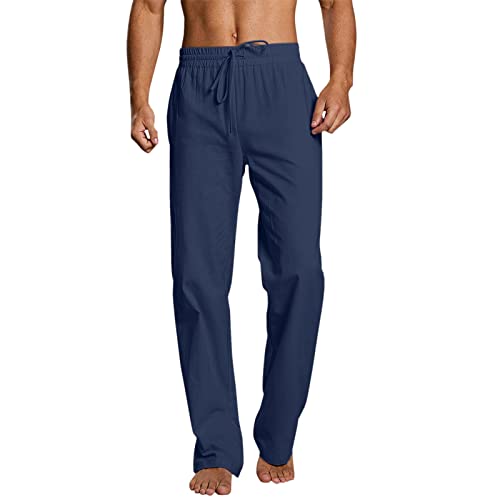 FACAIAFALO Modaworld Hosen Herren Leinen Baumwolle Lange Sport Straight Regular Fit Strandhose aus Baumwollmischung Leicht Jogginghose Loose Freizeithose mit Kordelzug Seitentaschen, 3XL, X Marine von FACAIAFALO