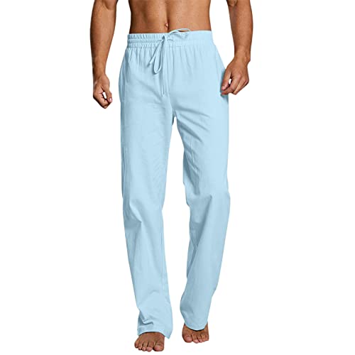 FACAIAFALO Modaworld Hosen Herren Leinen Baumwolle Lange Sport Straight Regular Fit Strandhose aus Baumwollmischung Leicht Jogginghose Loose Freizeithose mit Kordelzug Seitentaschen, L, X Hellblau von FACAIAFALO