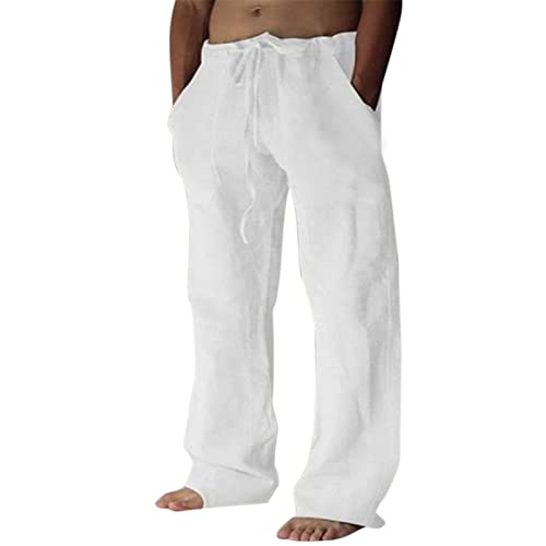 FACAIAFALO Modaworld Hosen Herren Leinen Baumwolle Lange Sport Straight Regular Fit Strandhose aus Baumwollmischung Leicht Sommerhose Jogginghose Loose Fit mit Kordelzug Seitentaschen, Y A-weiß, XL von FACAIAFALO