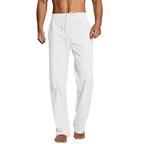 FACAIAFALO Modaworld Hosen Herren Leinen Baumwolle Lange Sport Straight Regular Fit Strandhose aus Baumwollmischung Leicht Jogginghose Loose Freizeithose mit Kordelzug Seitentaschen, X Weiß, M von FACAIAFALO