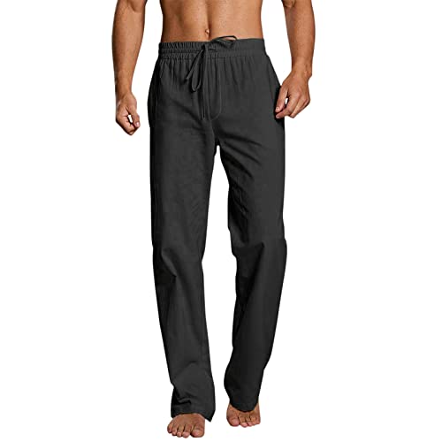 Modaworld Hosen Herren Leinen Baumwolle Lange Sport Straight Regular Fit Outdoor Strandhose aus Baumwollmischung Leicht Sommerhose Jogginghose Loose Fit Freizeithose mit Kordelzug Seitentaschen von FACAIAFALO