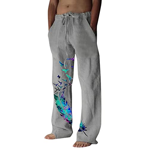 Modaworld Hosen Herren Leinen Baumwolle Lange Sport Straight Regular Fit Outdoor Strandhose aus Baumwollmischung Leicht Sommerhose Jogginghose Loose Fit Freizeithose mit Kordelzug Seitentaschen von FACAIAFALO