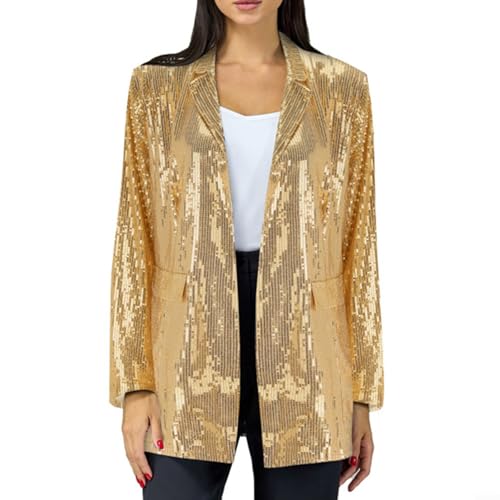 Funkelnde goldene Paillettenjacke für Damen, modischer Blazer mit offener Vorderseite, Langarm und Reverskragen (XL Golden) von FACAIIO