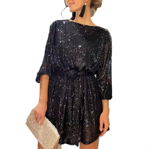Loose Fit Pailletten Glitzer Kleid Halbarm Minikleid für Frauen Ausgehen Partykleid (XL Schwarz) von FACAIIO