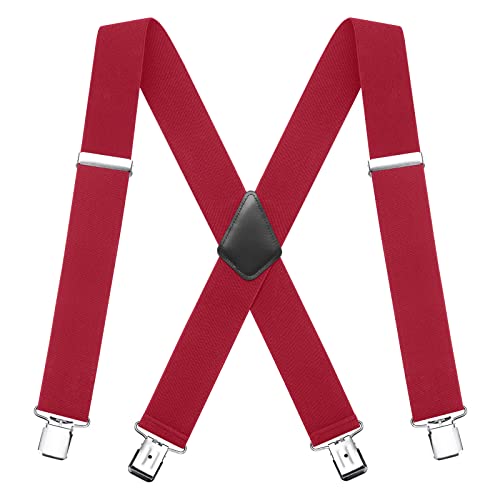 FACATH Herren Hosenträger X Style 5cm Breite 2 Zoll Heavy Duty für Hosen Mit 4 Starken Metallclips, Smoking Verstellbare und Elastische für Herren und Damen Hosen (Rot) von FACATH