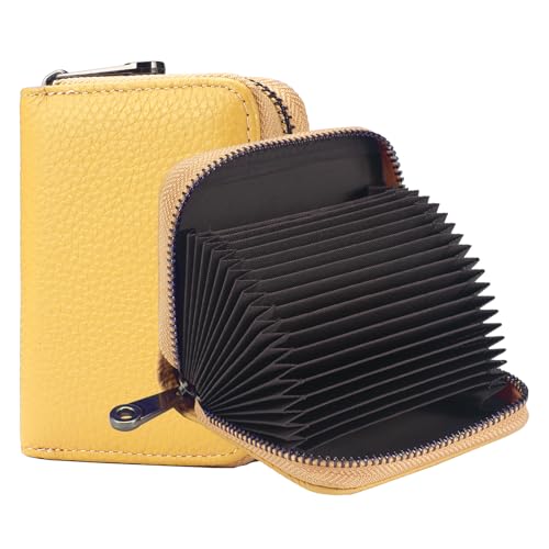 FACATH Kartenetui mit Münzfach - Kreditkartenetui aus Leder mit viel Platz für bis zu 20 Karten - Geldbörse für Damen und Herren mit RFID NFC Schutz (B-Gelb) von FACATH