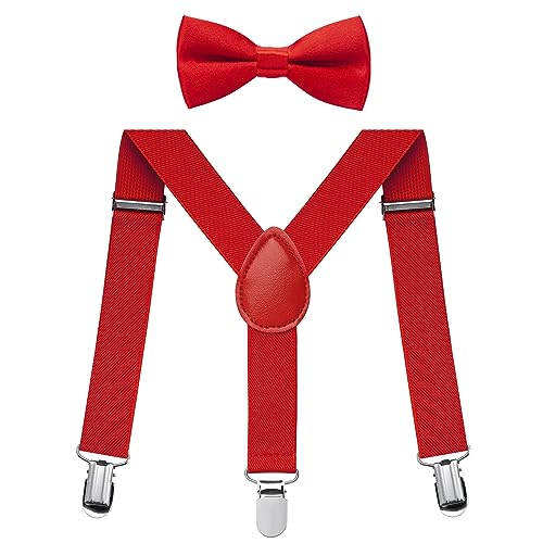 FACATH Kinder Hosenträger Fliege Sets für Weihnachten Party Kostüm Kleid, Y-Form verstellbare Hosenträger mit Schleife Krawatten Geschenkidee für Jungen und Mädchen (Rot) von FACATH