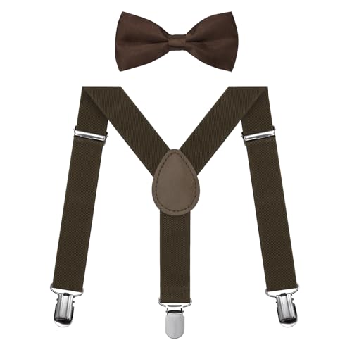 Jungen Hosenträger Fliegen Set, Kinder-Hosenträger mit elastischer Y-Form, verstellbar mit Clips und Fliege für Jungen und Mädchen (Kaffee) von FACATH