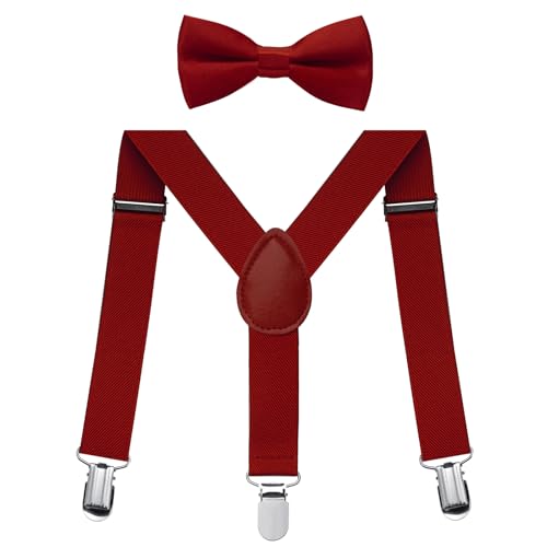 Jungen Hosenträger Fliegen Set, Kinder-Hosenträger mit elastischer Y-Form, verstellbar mit Clips und Fliege für Jungen und Mädchen (Weinrot) von FACATH