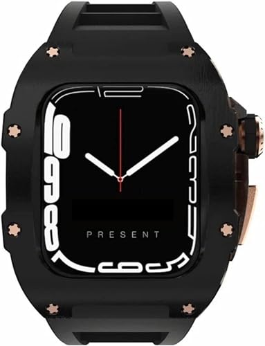 FACDEM Fluorelastomer-Armband, Titan-Uhrengehäuse, Nachrüst-Set, für Apple Watch Serie 8, 45 mm, RM Mod Kit, 44 mm, Metallrahmen, Gummiband mit Edelstahl-Verschluss, für Herrenuhrenzubehör, 45 mm, von FACDEM