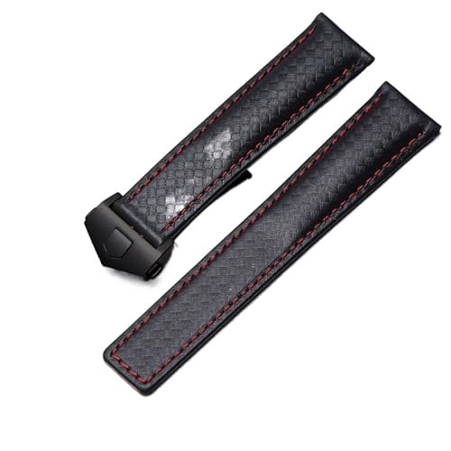 FACDEM Uhrenarmband aus echtem Leder mit Karbonfaser-Textur, für TAG-Armband, schwarz mit roter Linie, 20 mm mit Faltschließe, 19 mm, Achat von FACDEM