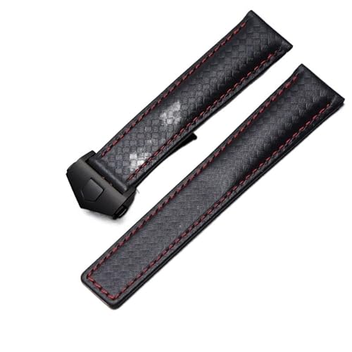 FACDEM Uhrenarmband aus echtem Leder mit Karbonfaser-Textur, für TAG-Armband, schwarz mit roter Linie, 20 mm mit Faltschließe, 20 mm, Achat von FACDEM