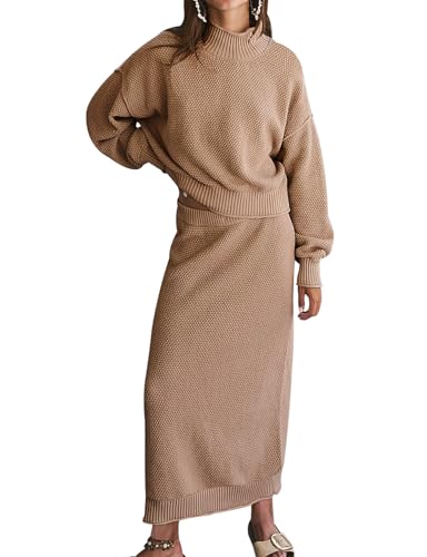 FACDIBY Damen 2 Stück Pullover Rock Set Casual Langarm Rollkragen Pullover Bleistiftrock Outfits Lounge Sets, Khaki, XL von FACDIBY