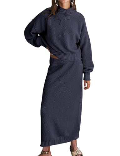 FACDIBY Damen 2 Stück Pullover Rock Set Casual Langarm Rollkragen Pullover Bleistiftrock Outfits Lounge Sets, Marineblau, M von FACDIBY