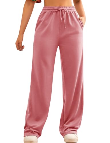 FACDIBY Damen Jogginghose mit weitem Bein Elastische Hohe Taille Kordelzug Lose Hose mit Taschen, 05-pink, S von FACDIBY