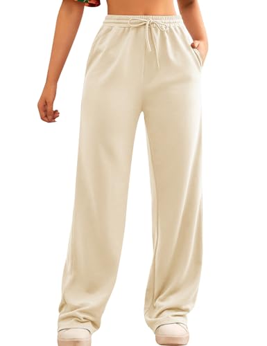 FACDIBY Jogginghose mit weitem Bein für Damen, elastisch, hohe Taille, Kordelzug, lockere Hose mit Taschen, Beige, Groß von FACDIBY