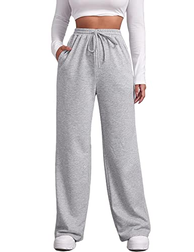 FACDIBY Jogginghose mit weitem Bein für Damen, elastisch, hohe Taille, Kordelzug, lockere Hose mit Taschen, 01-light grey, Groß von FACDIBY