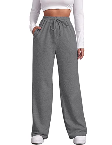 FACDIBY Sweathose mit weitem Bein für Damen, elastisch, hohe Taille, Kordelzug, lose Hose mit Taschen, 03-dark grey, M von FACDIBY