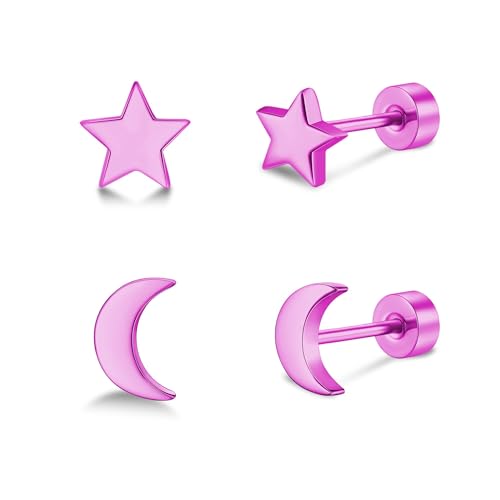 FACOKO 2 Paar flache Ohrringe für Damen Rosa Stern- und Mondohrringe Titan-Ohrringe mit Schraubverschluss hypoallergene Ohrstecker für Männer (Mond & Stern-Rosa) von FACOKO