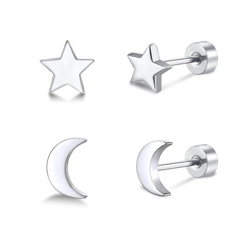 FACOKO 2 Paar flache Ohrringe für Damen silberne Stern- und Mondohrringe 5 mm Titan-Schraubverschluss hypoallergene silberne Knorpelstecker für empfindliche Ohren (Silber-Sternmond) FACOKO 2 Paar flache Ohrringe für Damen silberne Stern- und Mondohrringe 5 mm Titan-Schraubverschluss hypoallergene silberne Knorpelstecker für empfindliche Ohren (Silber-Sternmond) von FACOKO