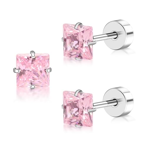 FACOKO Damen-Ohrstecker mit flacher Rückseite 4 mm 5 mm Zirkonia Herz-/Quadrat-/Sternform hypoallergen Titan-Ohrring mit Zirkonia bereit zum Verschenken (Rosa Quadrat, 4MM) von FACOKO