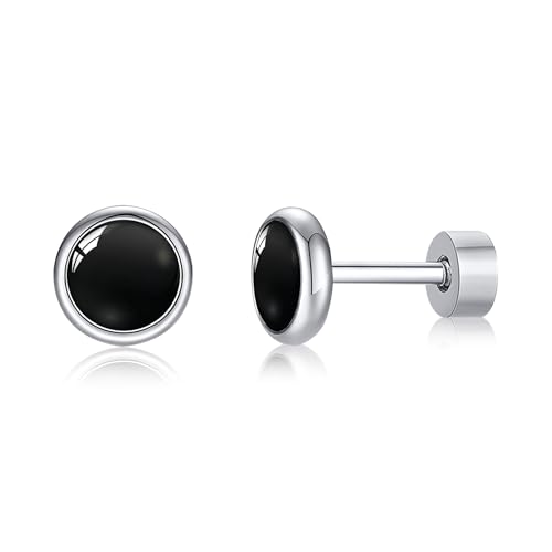 FACOKO Blaue türkise/opale/schwarze Achat-Titan-Ohrringe flache Rückseite einfache der Ohrstecker hypoallergene Titan-Ohrringe nickelfrei 4/5 MM optional Unisex (Schwarz-Onyx-5MM) von FACOKO