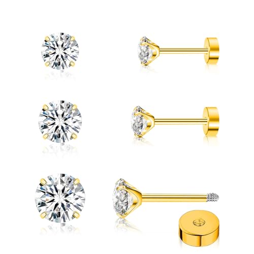 FACOKO Damen-Ohrringe 3 Paar Titan-Ohrringe mit klarem Zirkonia 3/4/5 mm hypoallergen flacher Verschluss auf der Rückseite Silber/Gold/Schwarz/Pink (3 Paar ZC-Gold) von FACOKO