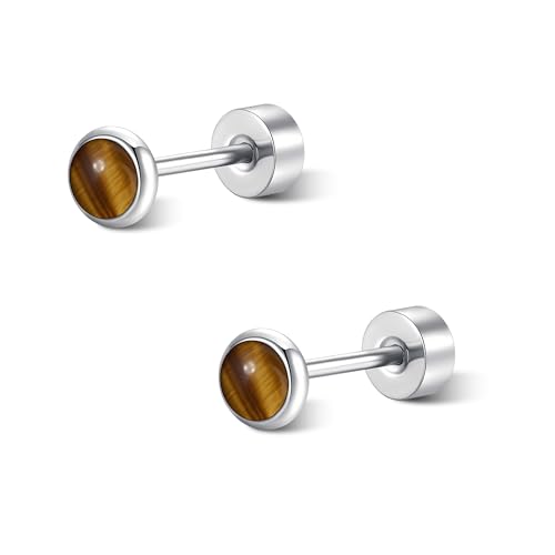 FACOKO Damen-Ohrringe mit flacher Rückseite Tigerauge-Ohrstecker 3 mm Titanstahl flache Rückseite hypoallergen braungoldene Steinohrstecker minimalistisches zierliches Schmuckgeschen (3MM) von FACOKO