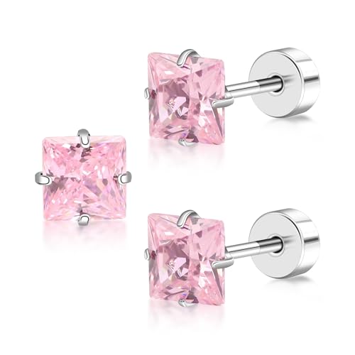 FACOKO Flache Ohrringe für Damen rosa Zirkonia-Ohrstecker mit flacher Rückseite 5 mm quadratischer Zirkonia-Ohrstecker mit Schraubverschluss Titan-Ohrring für mehrere Piercings von FACOKO