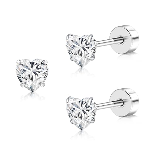 FACOKO Damen-Ohrstecker mit flacher Rückseite 4 mm Herz-Ohrstecker mit Zirkonia Titan flache Rückseite CZ-Schraubverschluss von FACOKO