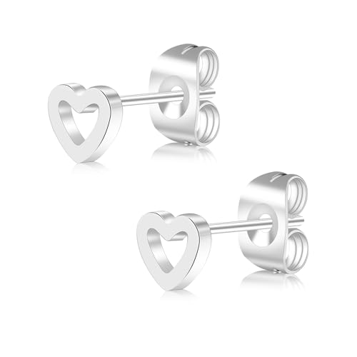 FACOKO Titan-Ohrringe mit Herz für Damen 5 mm silberfarbene Ohrstecker mit Schmetterlingsverschluss hypoallergener Knorpelohrring leichter Körperschmuck geeignet für Männer und Frauen (Silber, 5MM) von FACOKO
