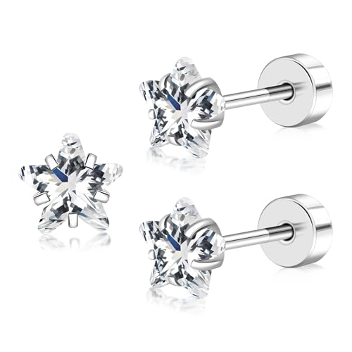 FACOKO Flache Ohrringe Zirkonia-Ohrstecker aus Titan mit Schraubverschluss klare Zirkonia-Ohrstecker (klarer Stern-5mm) von FACOKO